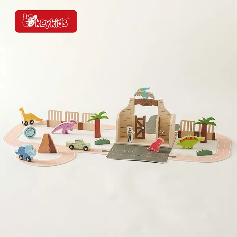 Preschool kids pretend play wooden dinosaur park toy with tracks W06A583